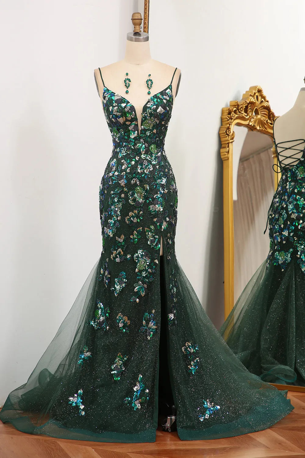 Wholesale Sparkly Dark Green Mermaid Long Prom Dress With Slit And Beading prom dresses with long sleeves